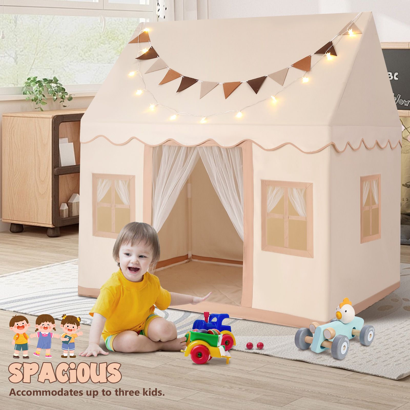 Kids Play Tent Playhouse Childrens Princess Castle Indoor Outdoor with Mat Star Lights Banner 1 Door 3 Windows Toys Boys Girls House Cottage