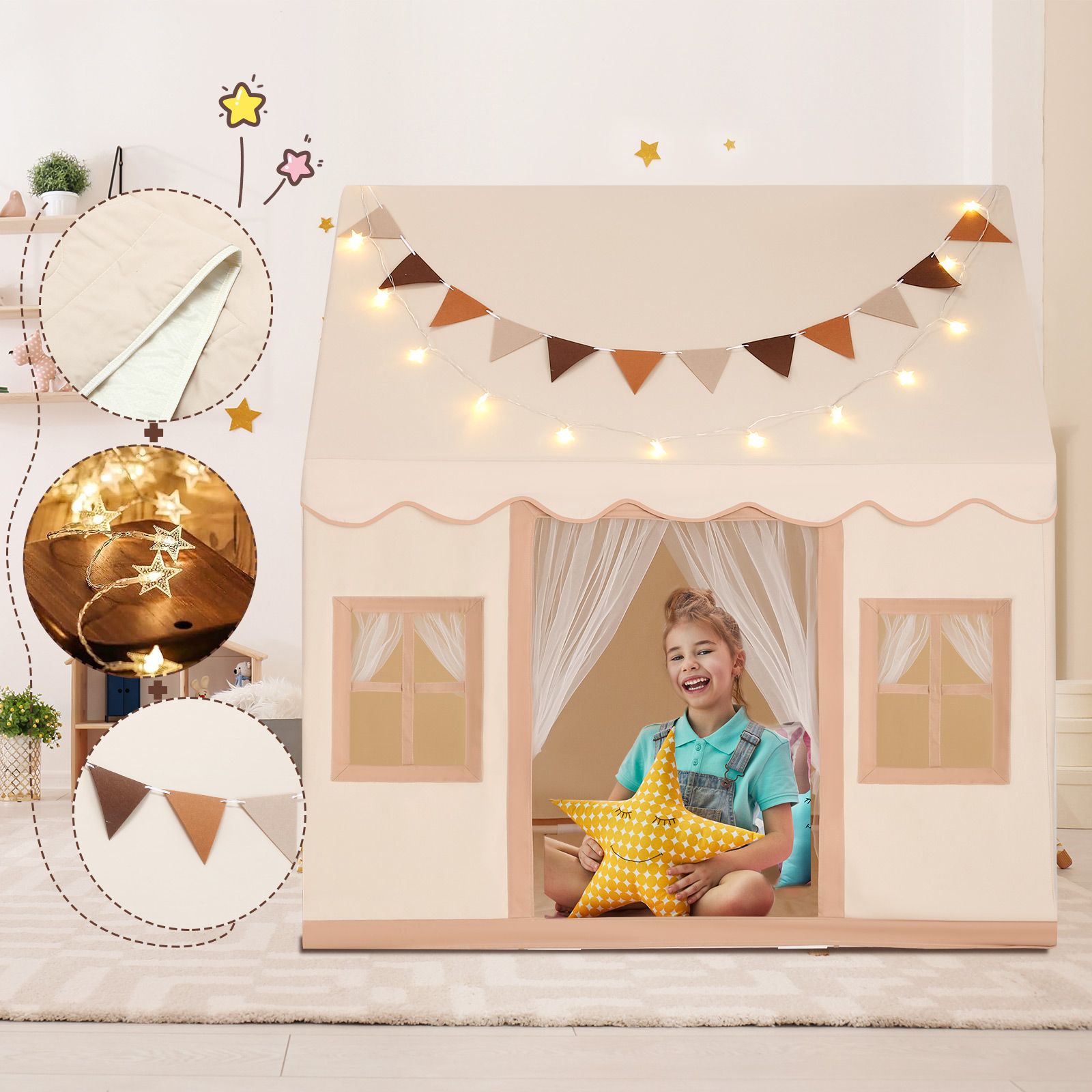 Kids Play Tent Playhouse Childrens Princess Castle Indoor Outdoor with Mat Star Lights Banner 1 Door 3 Windows Toys Boys Girls House Cottage