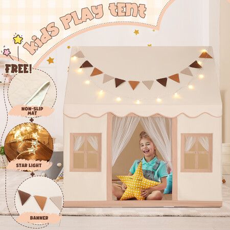 Kids Play Tent Playhouse Childrens Princess Castle Indoor Outdoor with Mat Star Lights Banner 1 Door 3 Windows Toys Boys Girls House Cottage