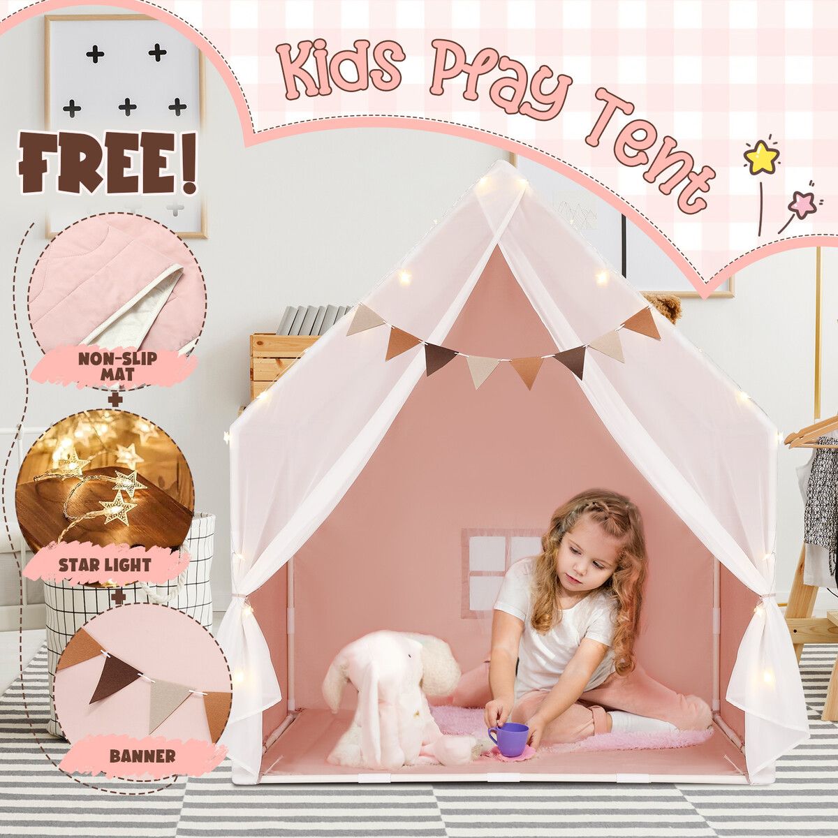 Kids Playhouse Play Tent Castle Princess Indoor Outdoor Girls Boys Gift Childrens Room Cottage with Mat Star Lights Banner 1 Door 2 Windows