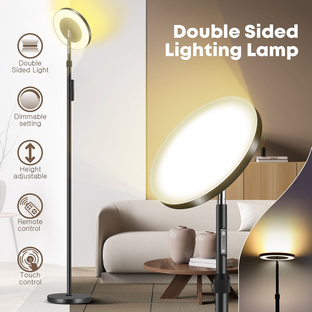 Floor lamp LED Reading Modern Double Side Lighting Height Minimalist Arc Adjustable Touch Remote Control Bedroom