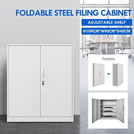 Steel Filing Cabinet Foldable Storage Metal Locker Cupboard 2 Door 4 Shelves Organizer Home Office Stationary 109cm Grey