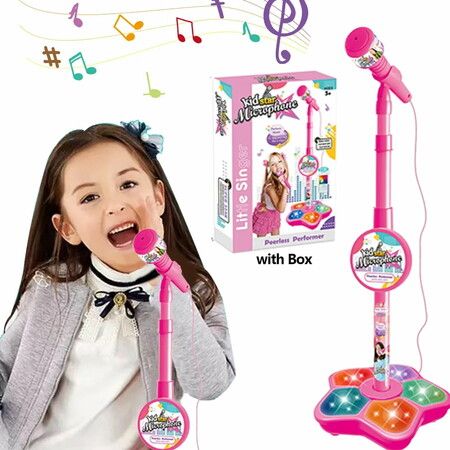 Kids Microphone with Stand Karaoke Song Music Instrument Toys Brain-Training Educational Toy Birthday Gift Color Pink