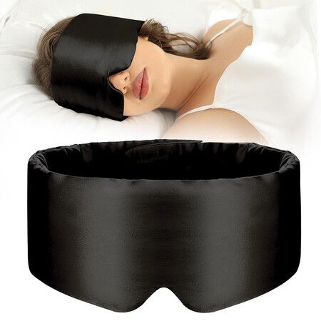 100% Mulberry Silk Sleep Mask Eye Mask for Women Man with Adjustable Band, for Side Sleeper Blackout Sleep Mask for Travel Rest and Office Large Size (Black)