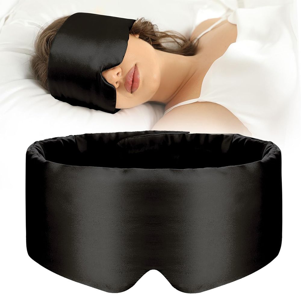 100% Mulberry Silk Sleep Mask Eye Mask for Women Man with Adjustable Band, for Side Sleeper Blackout Sleep Mask for Travel Rest, Black