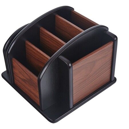 Wooden Rotating Organizer For Storing Remote Controls Or Desk And Office Items, With 4 Compartments, Brown (Brown & Black)