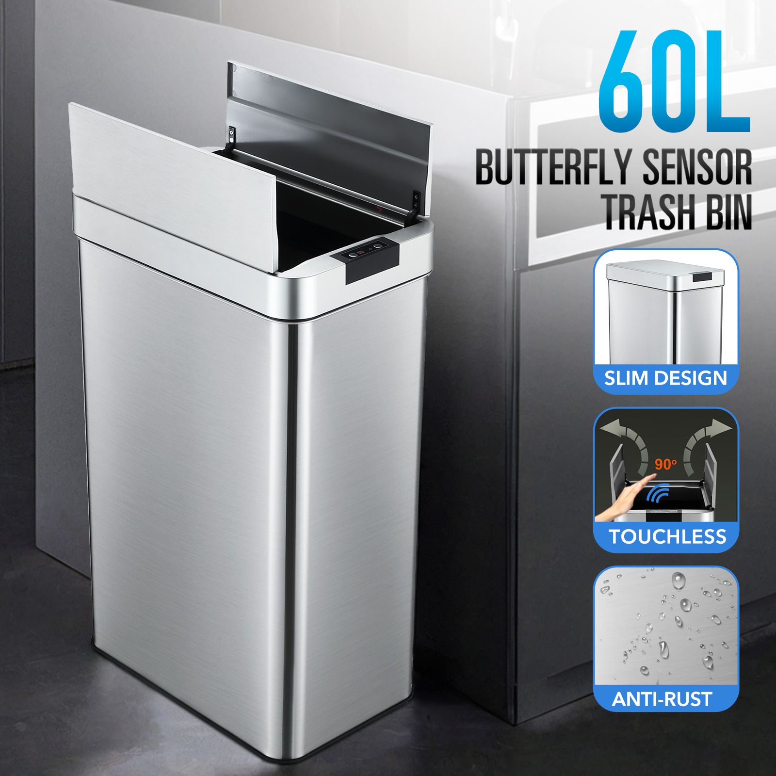 Smart Trash Bin 60L Sensor Kitchen Waste Rubbish Recycling Garbage Can Automatic Motion Office Basket