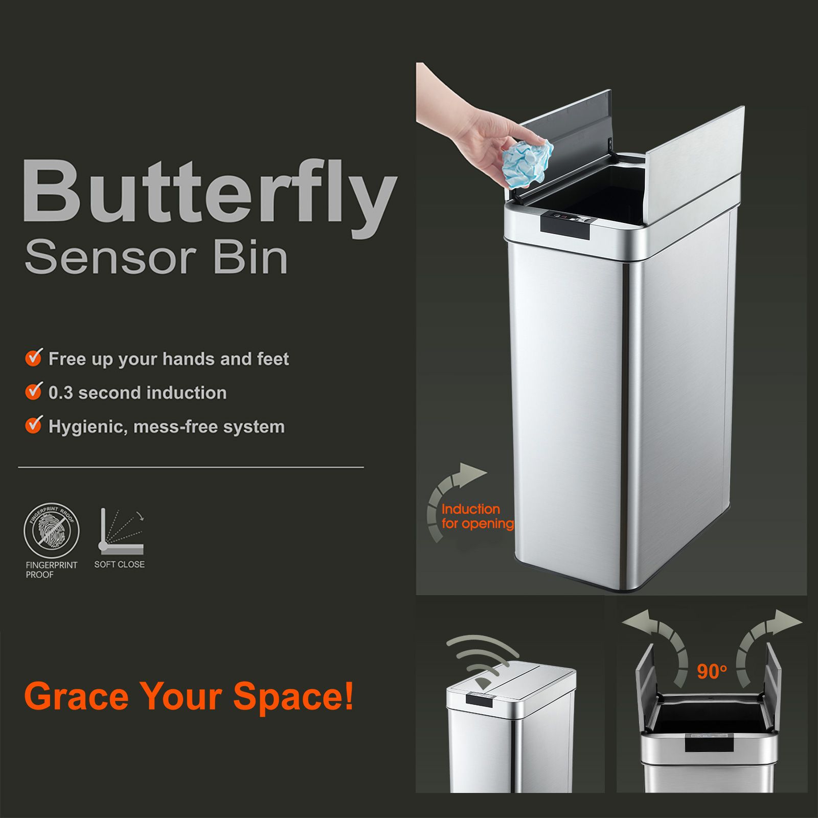 Smart Trash Bin 60L Sensor Kitchen Waste Rubbish Recycling Garbage Can Automatic Motion Office Basket