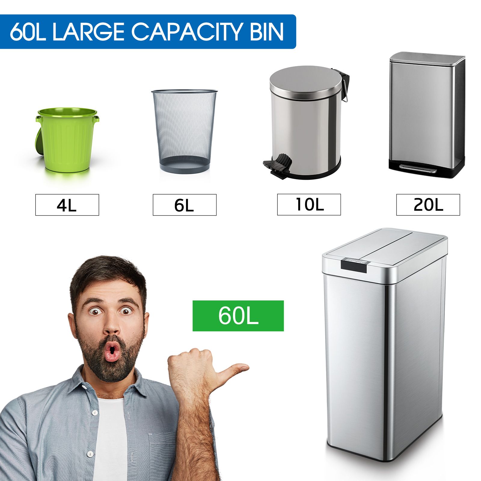 Smart Trash Bin 60L Sensor Kitchen Waste Rubbish Recycling Garbage Can Automatic Motion Office Basket