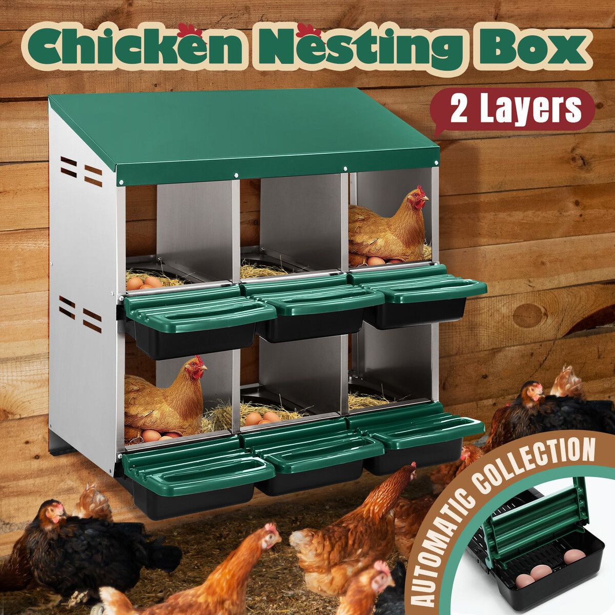 2 Layer 6 Hole Chicken Nesting Box Roll Away Hen Laying Boxes House Chook Nest Coop Perch Roost 7989