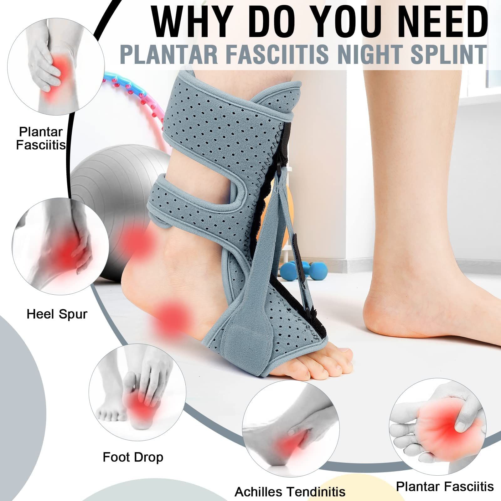 1 Pack Plantar Fasciitis Night Splint,Upgrade 3 Adjustable straps Relief for Women & Men,Brace,Achilles Tendonitis and Foot Drop(Grey)