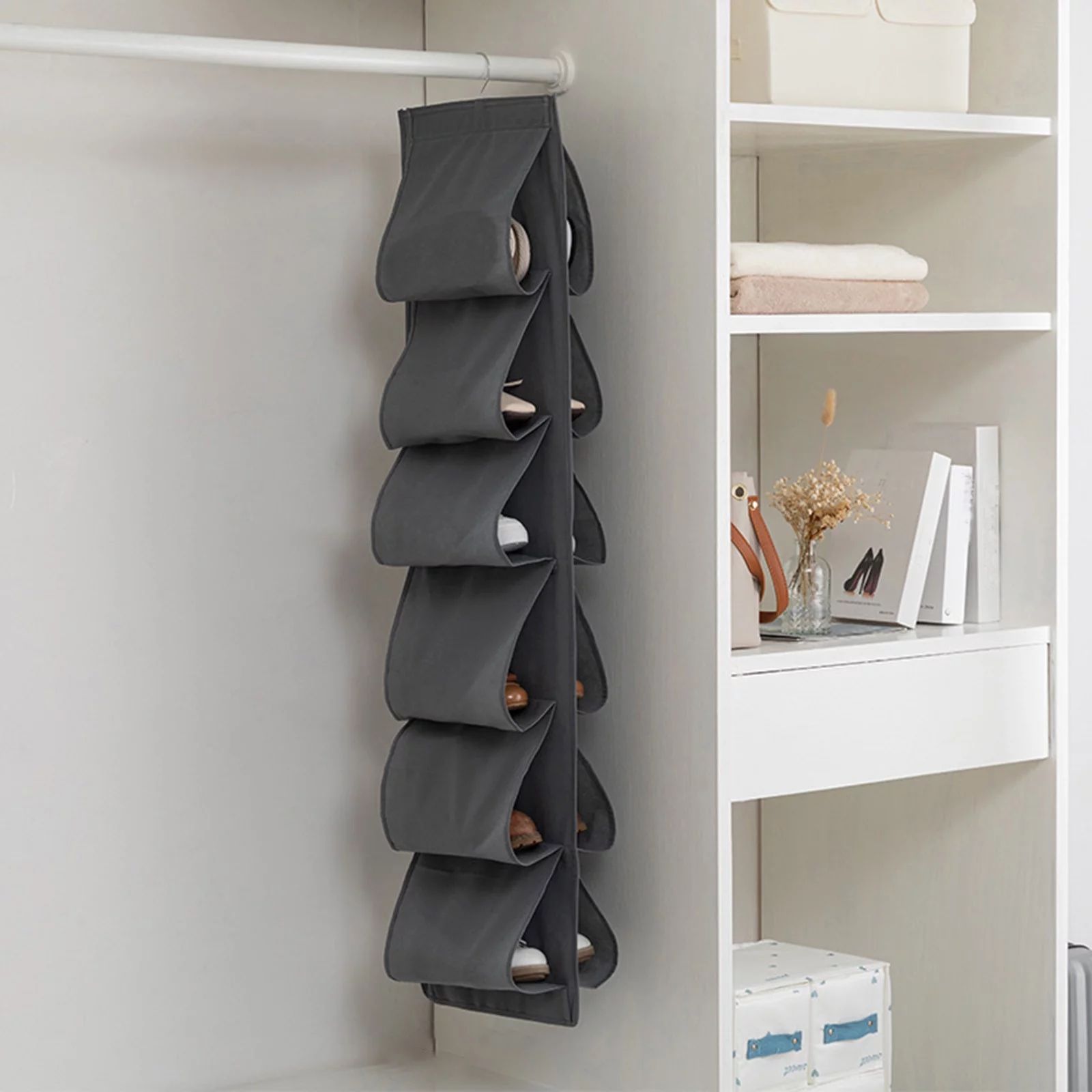 Hanging Shoe Organizer,Shoe Storage Bag Non-Woven Hanging Closet Organizers,12 Compartment Dustproof Storage Convenient Shoe Rack(Grey)