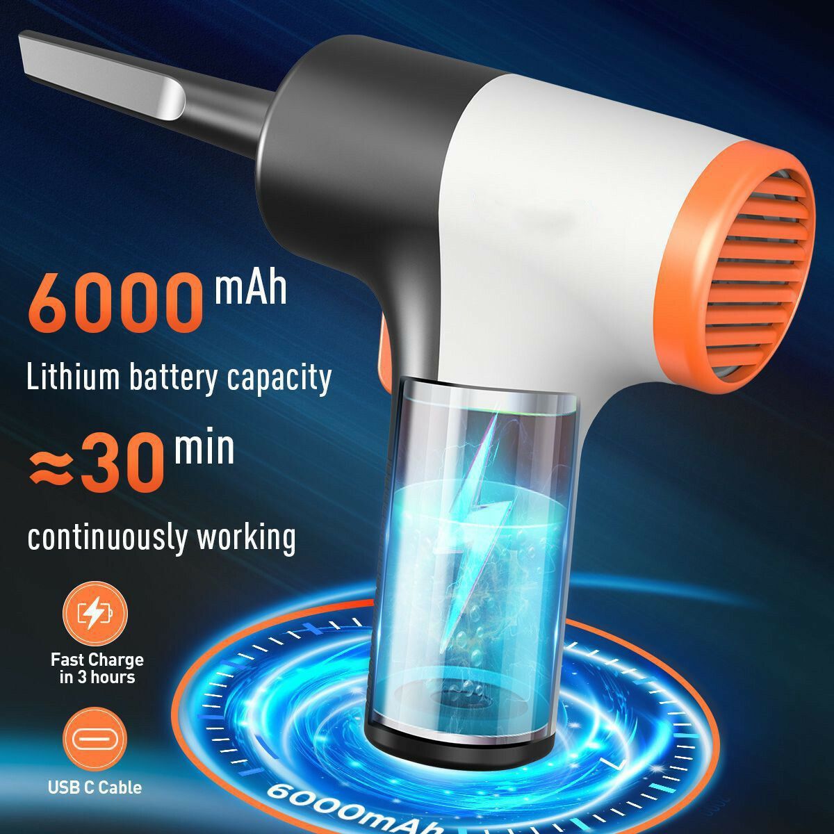 Electric Air Duster Cordless Compressed Dust Blower with 3-Gear Max to 100000 RPM High Pressure Air Blower Rechargeable for Computer,Car,Inflatable