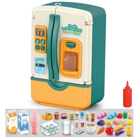 Mini Refrigerator with Ice Dispenser and Freezer Air, Music Play Buttons and Colorful LED Lights. Comes with a Lot of Play Food, 39 Piece Set Green
