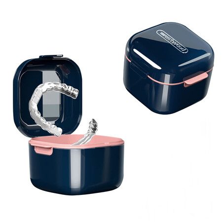 Denture Bath Box Cup，Portable Denture Case with Strainer Basket，False Teeth Storage Box Holder (Blue)