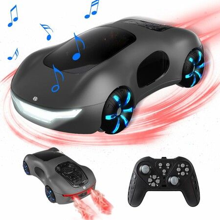 2.4GHz Remote Control Car with LED Lights & Sound Spray Effects, Rechargeable Double Sided Off-Road 360 Degree Rotating RC Cars for Kids (Black)