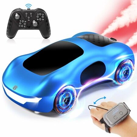 Remote Control Car 2.4GHz Gesture Sensing RC Sunt Car with  Lighting, Spray 360 Degree Rotating Side Drift Cars for Kids(Blue-2* Rechargeable Batteries)