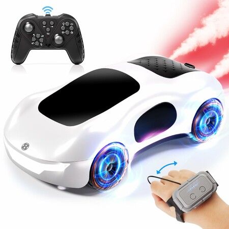 Remote Control Car 2.4GHz Gesture Sensing RC Sunt Car with  Lighting, Spray 360 Degree Rotating Side Drift Cars for Kids(White-2* Rechargeable Batteries)