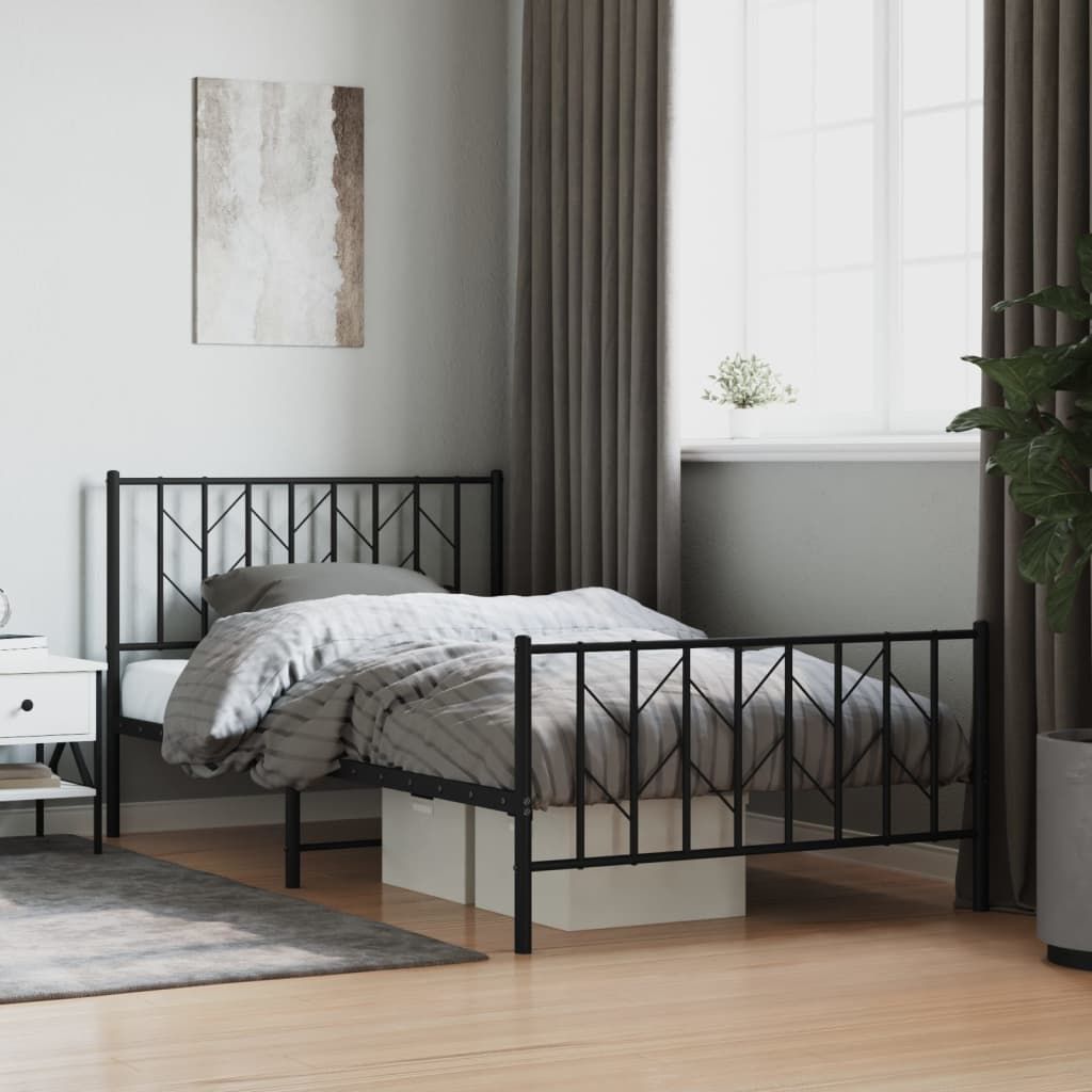 Metal Bed Frame with Headboard and Footboard Black 107x203 cm