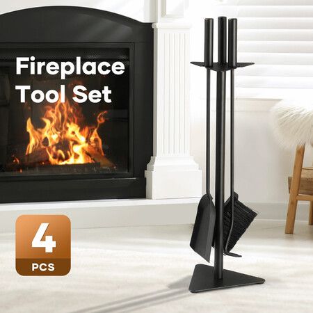 4PCS Fireplace Tool Set Firepit Accessories Poker Fire Shovel Brush Stand Black Cast Iron
