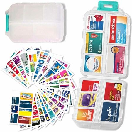 Pill Organizer with Medicine Labels Travel Daily Pill Container Mini Medication Organizer Storage Pill Organizer Travel Essentials Pill Case 7 Day Pill Organizer (White & 146 Lables)