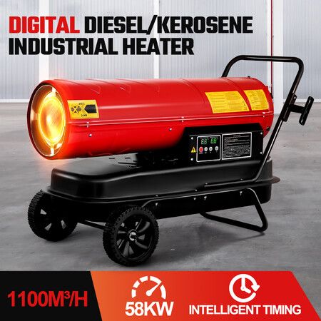 58KW Fan Heater Industrial Kerosene Diesel Forced Hot Air Blower Digital Timing Space Workshop Warehouse Shed Portable