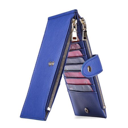 Women Multi-Function Card Bag Anti-Theft Brush Bidirectional Folding Pu Cross Stitch Zipper Pocket Purse,Blue