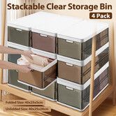 4pcs Storage Boxes Bins Plastic Stackable Clear Shoe Containers Wardrobe for Handbag Clothes Foldable Organiser with Lids Partitions