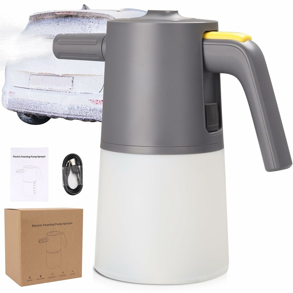Electric Car Foam Sprayer with USB, Electric Pressurized Foam Sprayer for Home, Garden and Car Beauty and Cleaning, Washing(1 Liters)