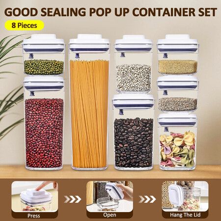 8PCS Storage Containers Plastic Pantry Kitchen Airtight Pop Up Clear Food Tea Coffee Cereal Sugar BPA Free Organiser Canisters