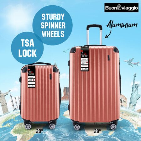 2Pcs Luggage Set Carry On Suitcases Travel Case Cabin Hard Shell Travelling Bags Hand Baggage Lightweight Rose Gold
