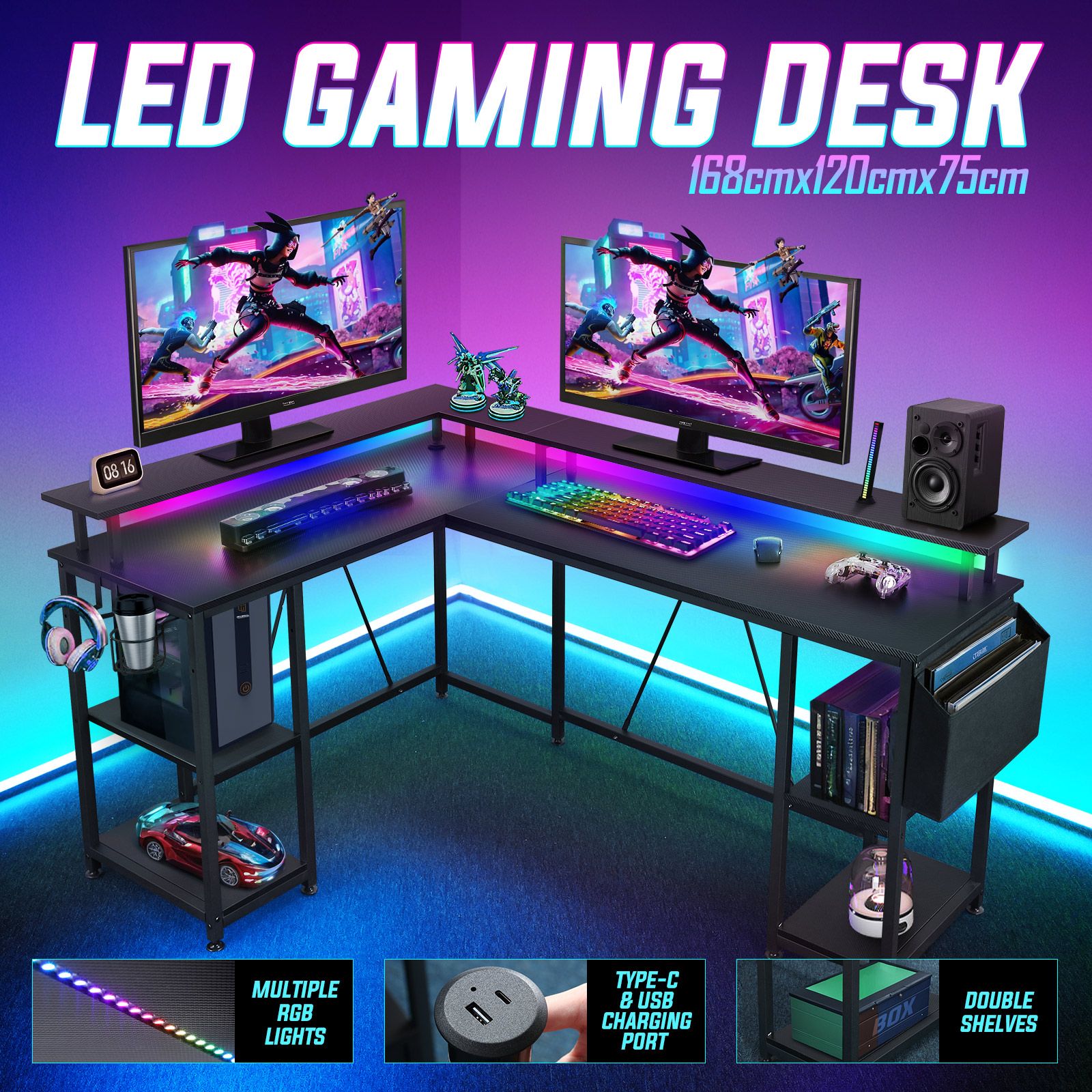 Gaming Desk L Shaped Computer Racer Standing Table LED Lights with Storage Bag Shelves Carbon Fibre Corner Office