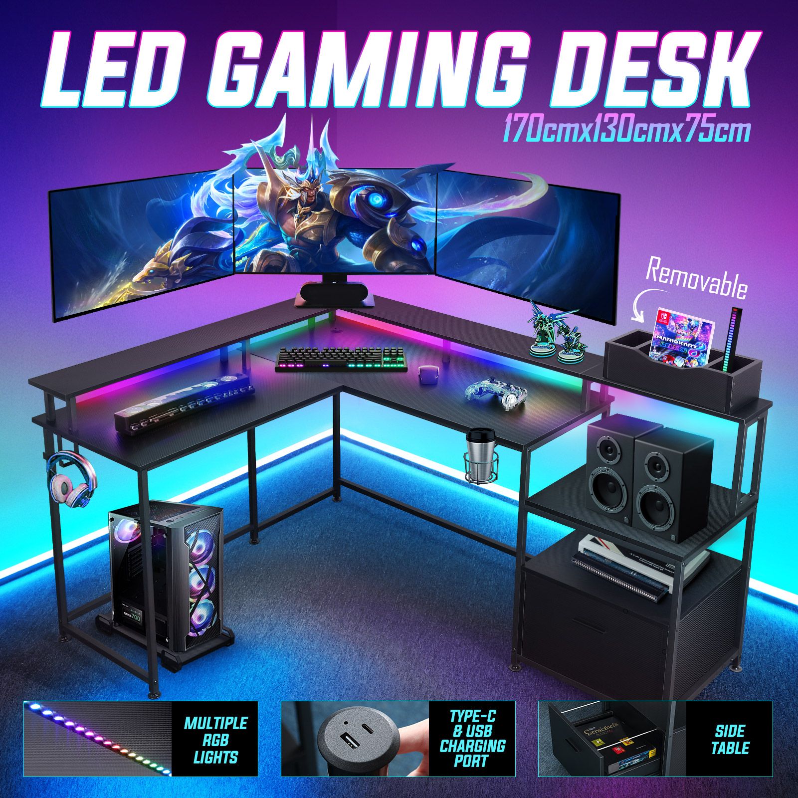 Gaming Desk L Shaped Drawer Computer Racer Standing Table LED Lights with Storage Shelves Carbon Fibre Corner