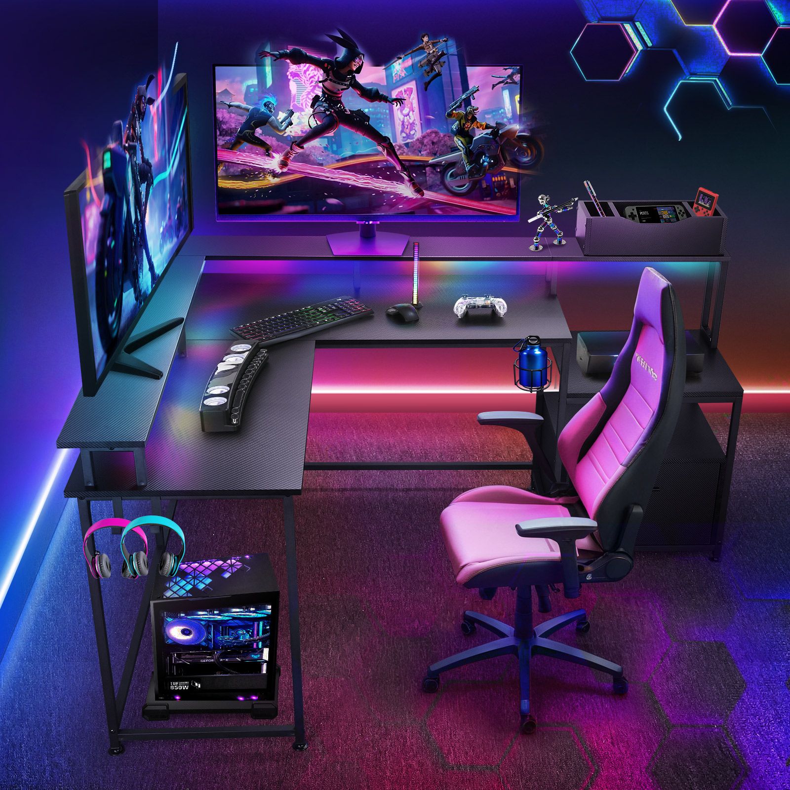 Gaming Desk L Shaped Drawer Computer Racer Standing Table LED Lights with Storage Shelves Carbon Fibre Corner