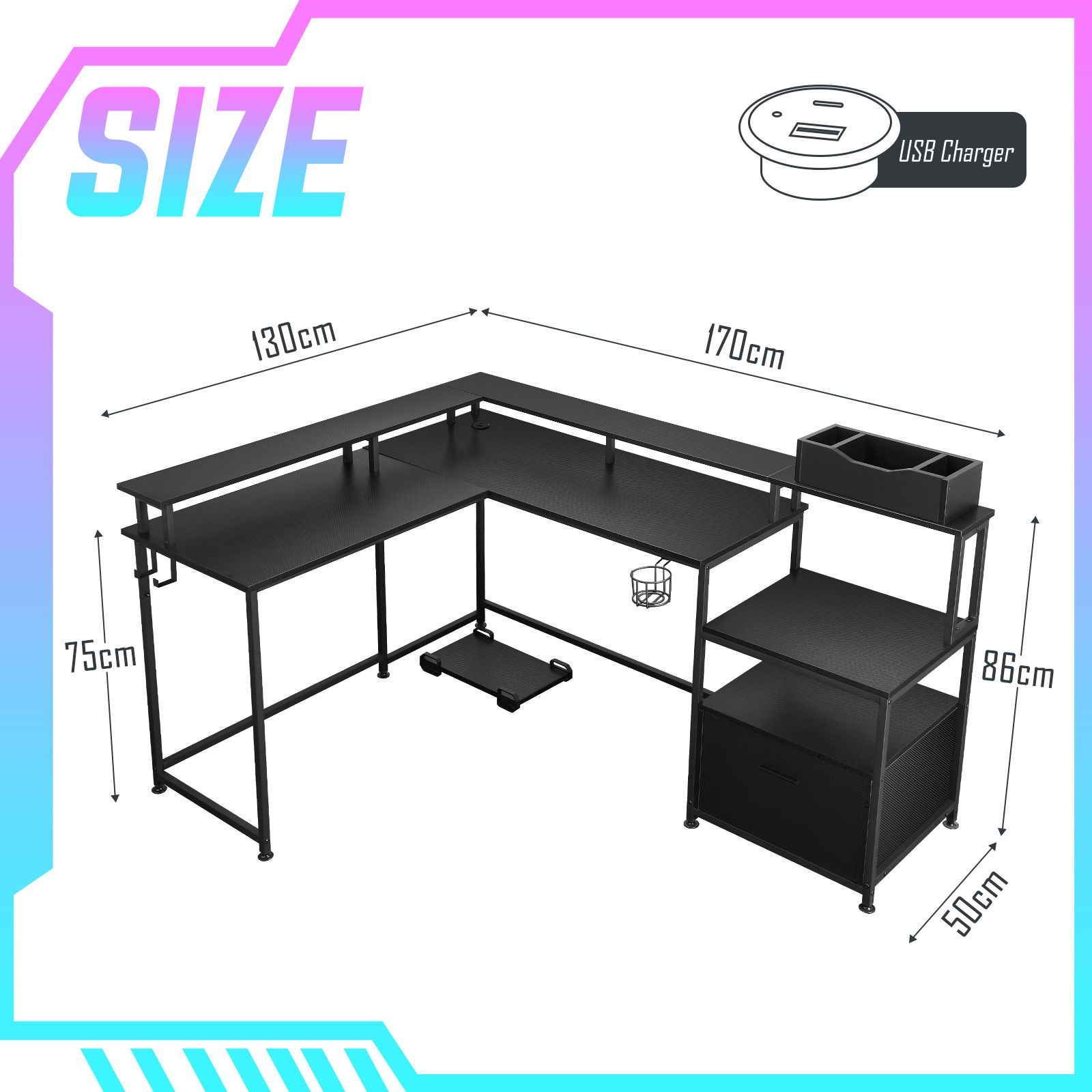 Gaming Desk L Shaped Drawer Computer Racer Standing Table LED Lights with Storage Shelves Carbon Fibre Corner