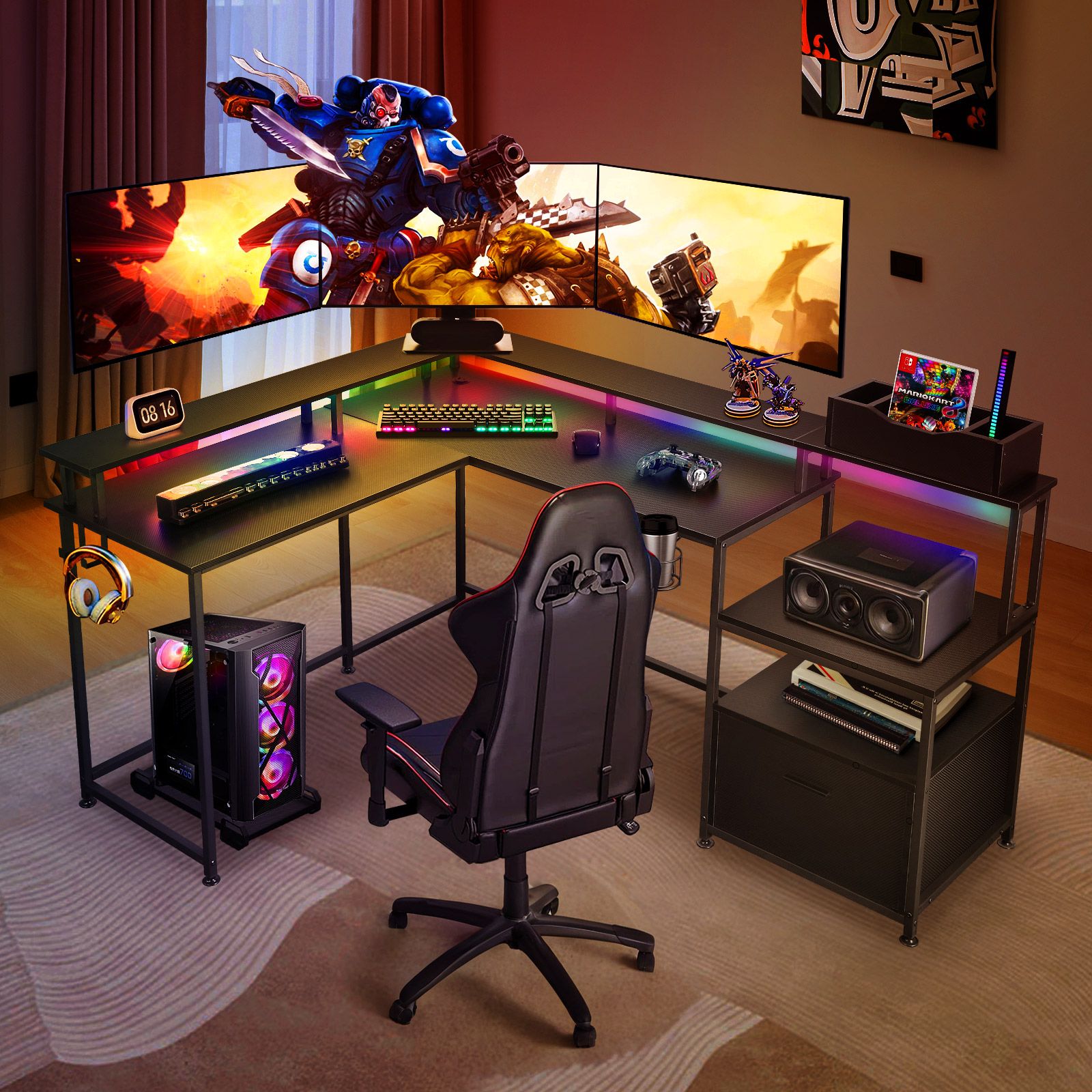 Gaming Desk L Shaped Drawer Computer Racer Standing Table LED Lights with Storage Shelves Carbon Fibre Corner