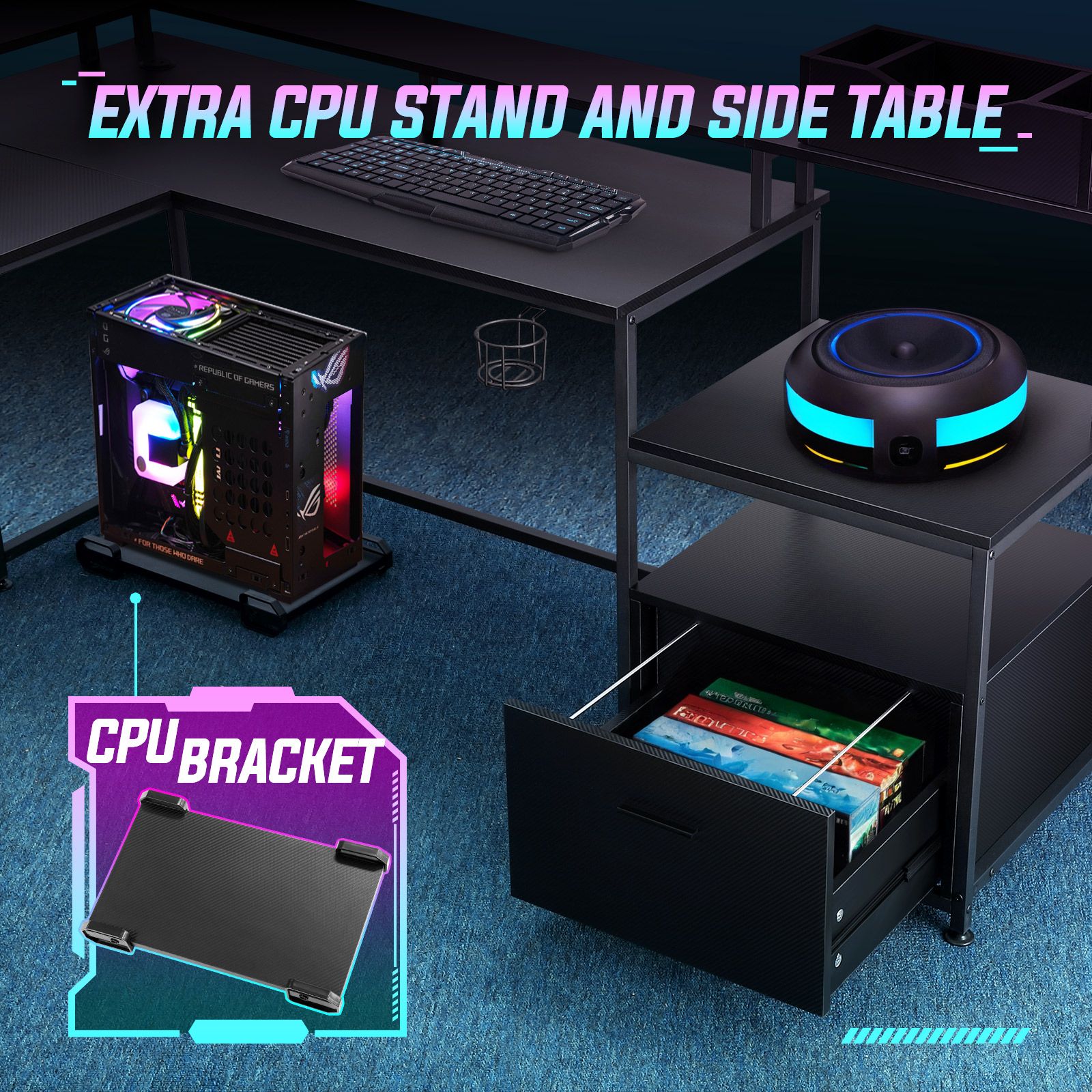 Gaming Desk L Shaped Drawer Computer Racer Standing Table LED Lights with Storage Shelves Carbon Fibre Corner