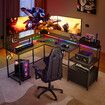 Gaming Desk L Shaped Corner Computer Racer Standing Side Table Drawer with LED Lights Storage Shelves Carbon Fibre