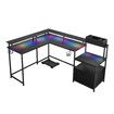 Gaming Desk L Shaped Corner Computer Racer Standing Side Table Drawer with LED Lights Storage Shelves Carbon Fibre