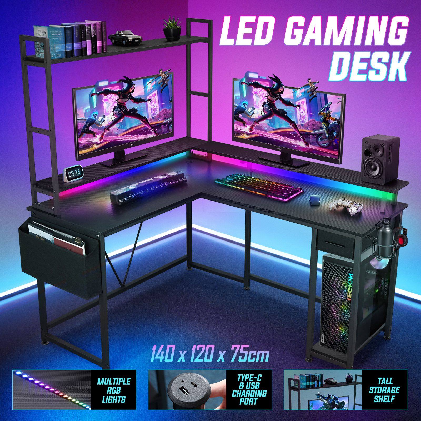 Gaming Desk L Shaped Computer Racer Standing Corner Table Drawer Shelves with LED Lights Storage Bag Carbon Fibre