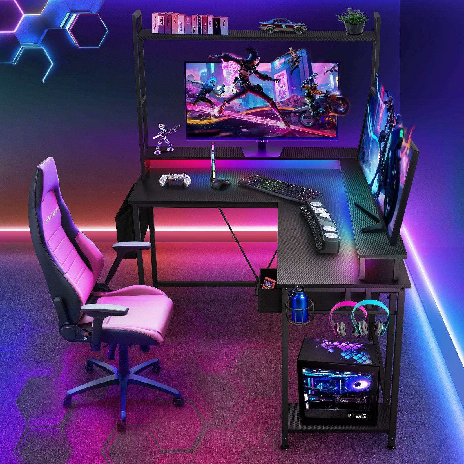 Gaming Desk L Shaped Computer Racer Standing Corner Table Drawer Shelves with LED Lights Storage Bag Carbon Fibre