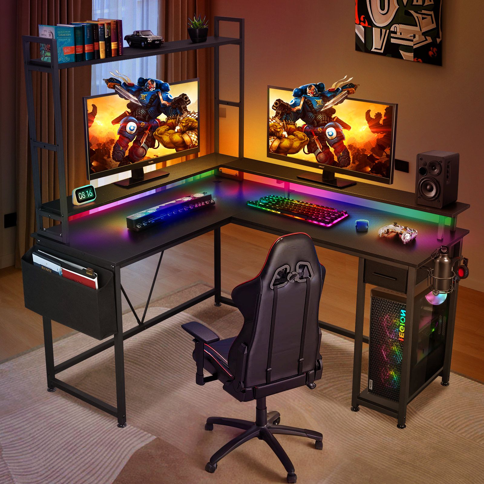 Gaming Desk L Shaped Computer Racer Standing Corner Table Drawer Shelves with LED Lights Storage Bag Carbon Fibre