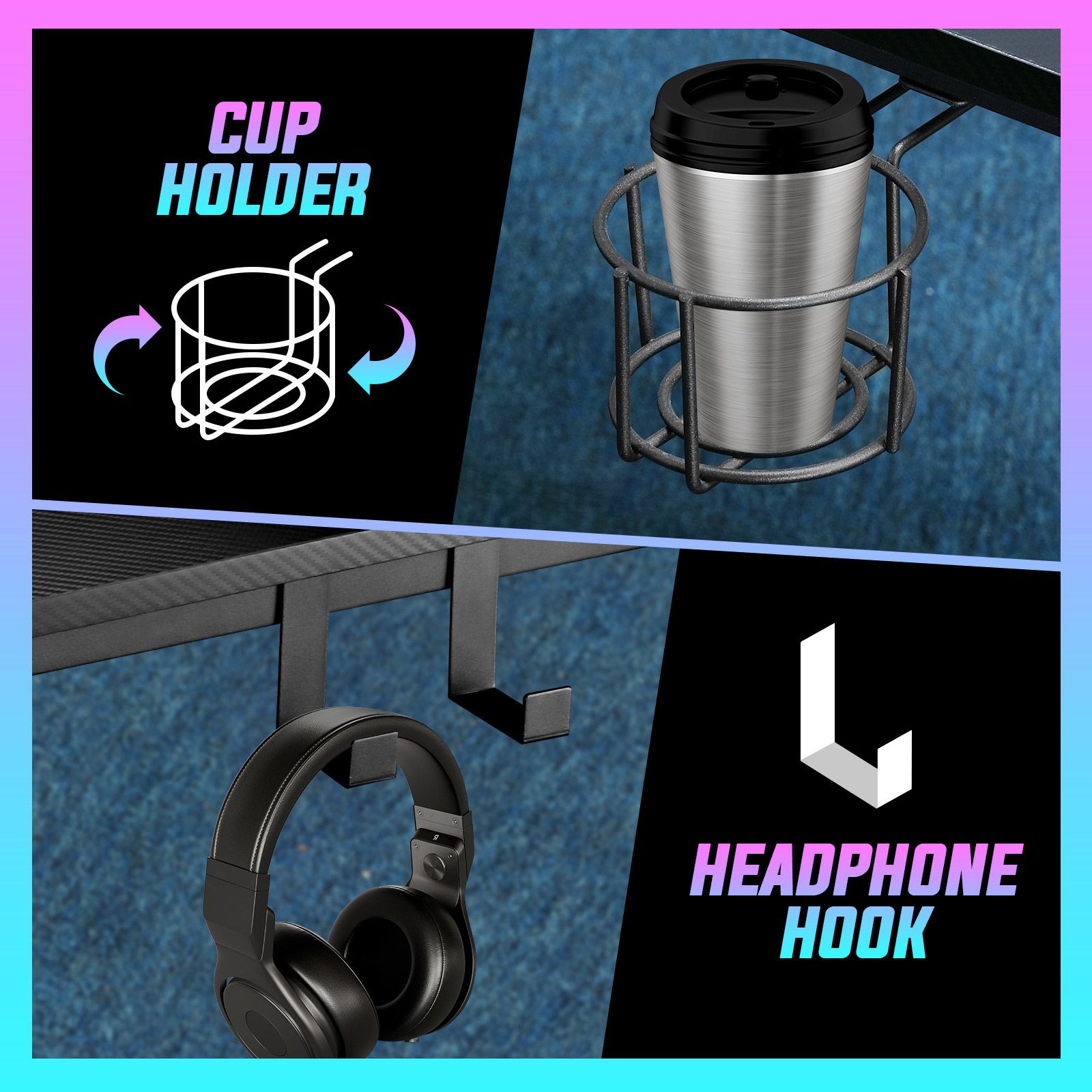 Gaming Desk L Shaped Computer Racer Standing Corner Table Drawer Shelves with LED Lights Storage Bag Carbon Fibre