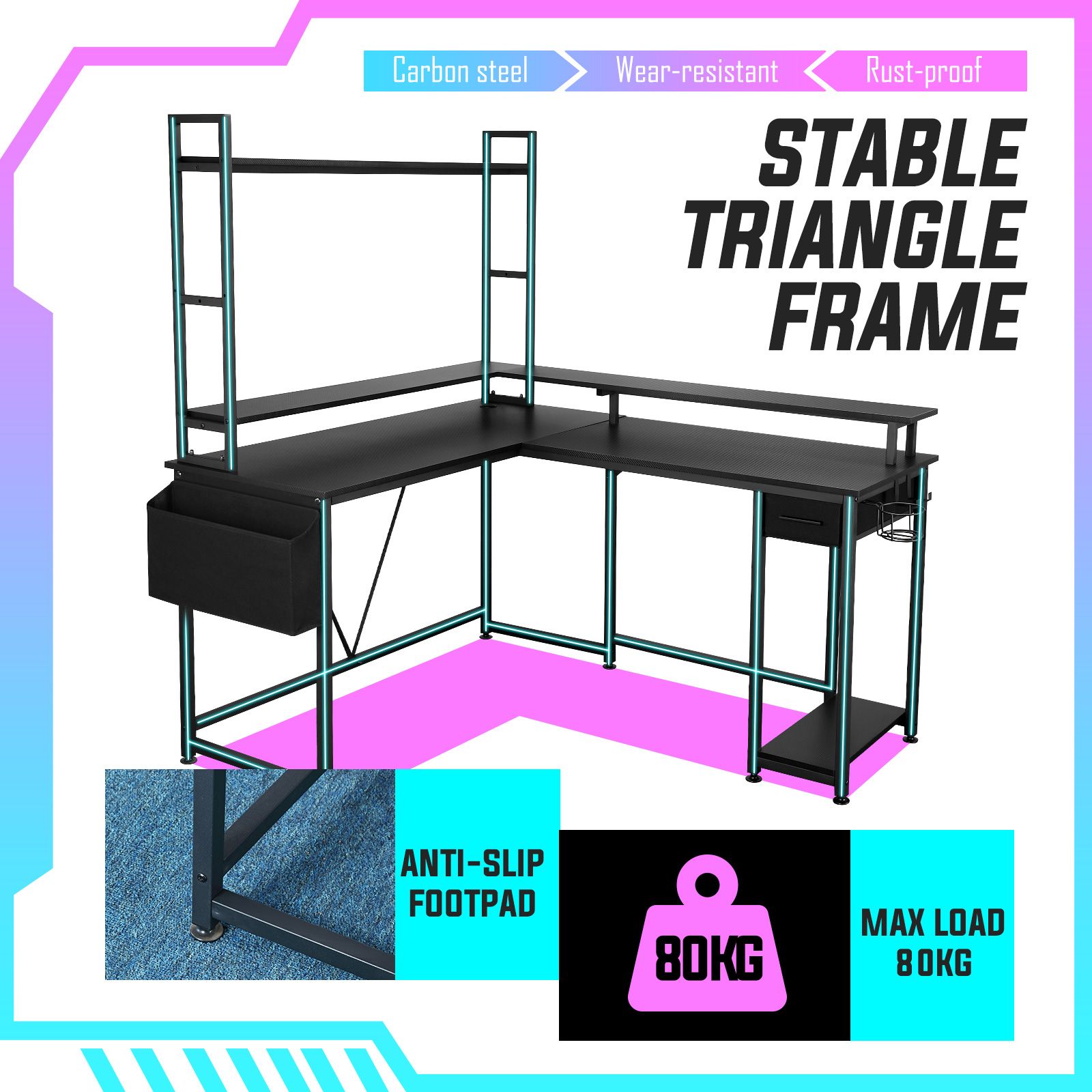 Gaming Desk L Shaped Computer Racer Standing Corner Table Drawer Shelves with LED Lights Storage Bag Carbon Fibre