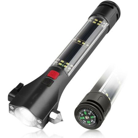 Car Safety Hammer Flashlight  LED High Lumens Rechargeable Solar Powered Escape Kit, Window Glass Breaker and Seatbelt Cutter(Black)