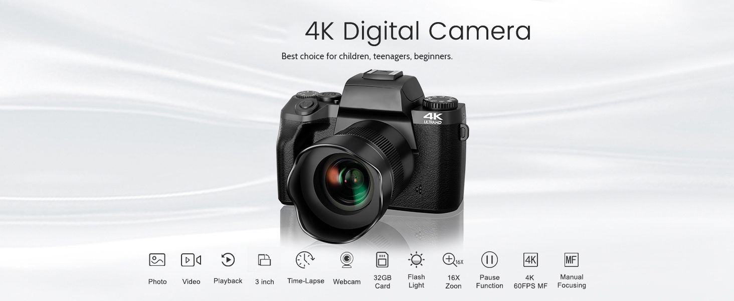 Digital Camera,4k Cameras for Photography & Video,64MP WiFi Touch Screen Vlogging Camera with Flash,32GB SD Card,Lens Hood,3000mAH Battery,Front and Rear Cameras - Black