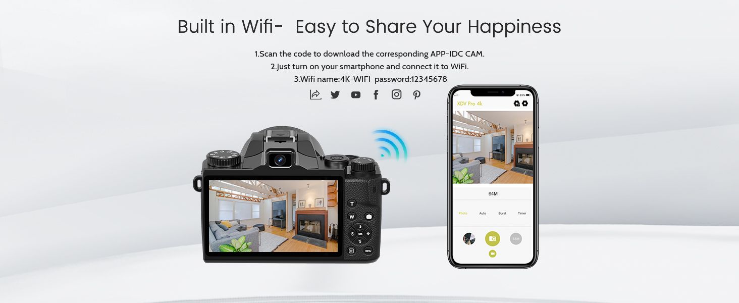 Digital Camera,4k Cameras for Photography & Video,64MP WiFi Touch Screen Vlogging Camera with Flash,32GB SD Card,Lens Hood,3000mAH Battery,Front and Rear Cameras - Black