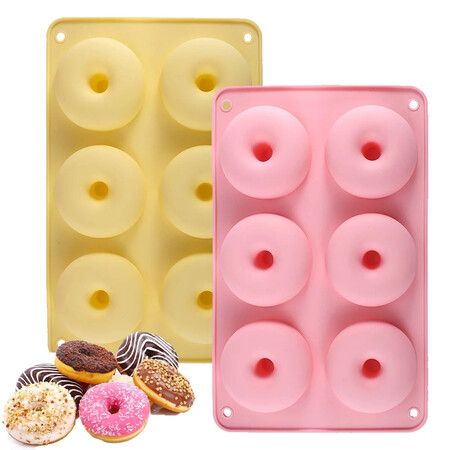 2pcs Silicone Donut Mold Non-Stick Silicone Doughnut Pan Set, Heat Resistant, Make Donut Cake Biscuit Bagels,Yellow+Pink
