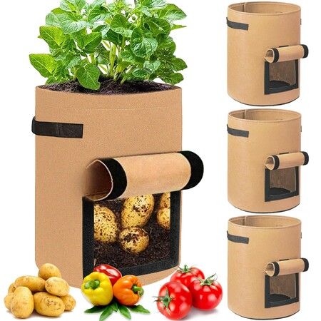 4 Pack Potato Grow Bags 10 Gallon with Flap,Heavy Duty Fabric with Handle and Harvest Window,Non-Woven Planter Pot Plant Garden Bags to Grow Vegetables Tomato,Brown