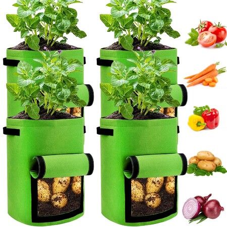 4 Pack Potato Grow Bags 10 Gallon with Flap,Heavy Duty Fabric with Handle and Harvest Window,Non-Woven Planter Pot Plant Garden Bags to Grow Vegetables Tomato,Green